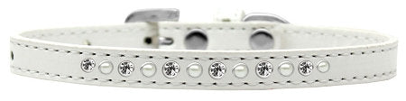 Stylish dog collar featuring pearls and clear crystals on faux leather, perfect for pets.
