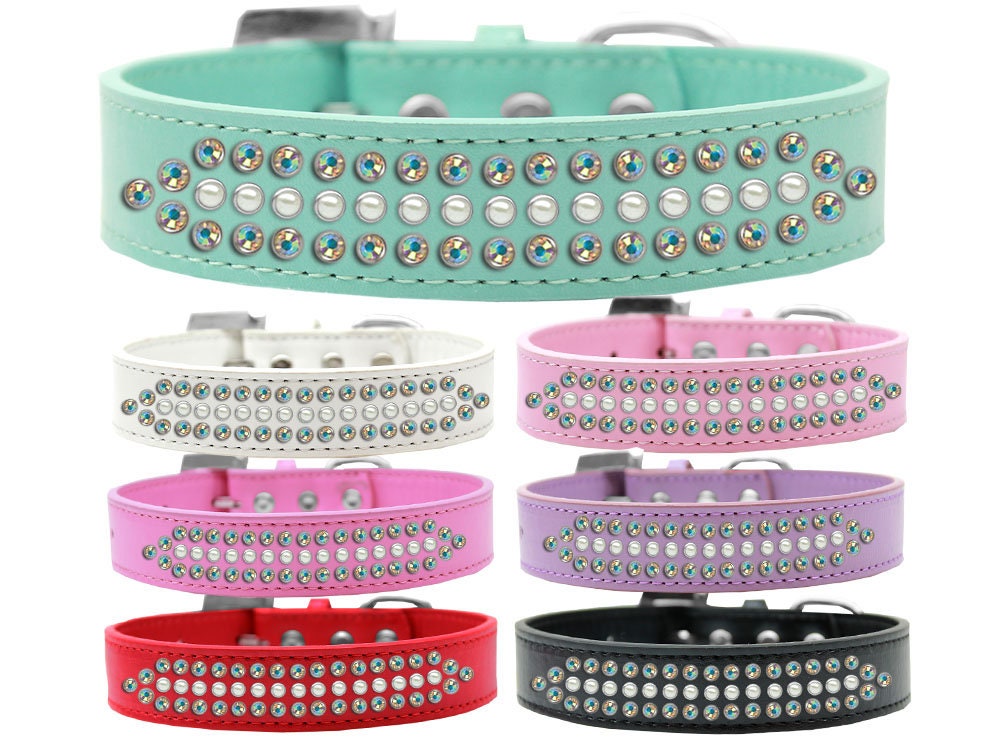 Ritz Pearl & Aurora Borealis dog collar featuring faux leather, pearls, and sparkling crystals, designed for stylish pets.