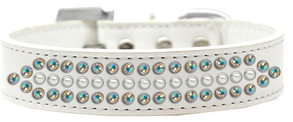 Ritz Pearl & Aurora Borealis dog collar featuring faux leather, pearls, and sparkling crystals, designed for stylish pets.