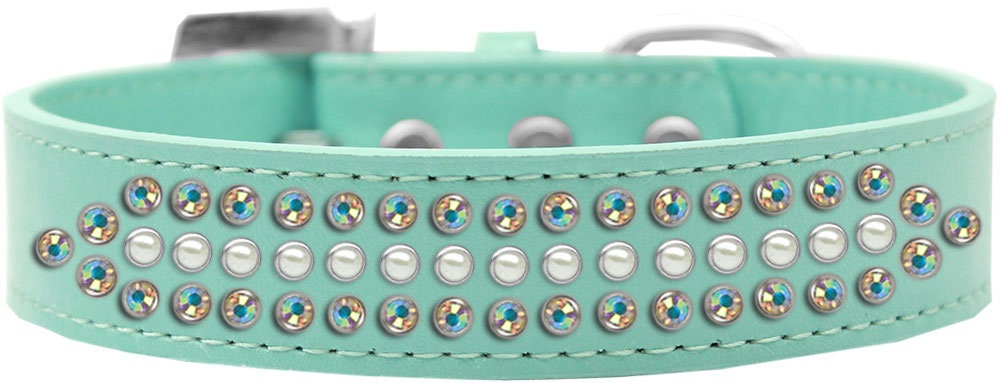 Ritz Pearl & Aurora Borealis dog collar featuring faux leather, pearls, and sparkling crystals, designed for stylish pets.