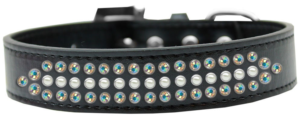 Ritz Pearl & Aurora Borealis dog collar featuring faux leather, pearls, and sparkling crystals, designed for stylish pets.