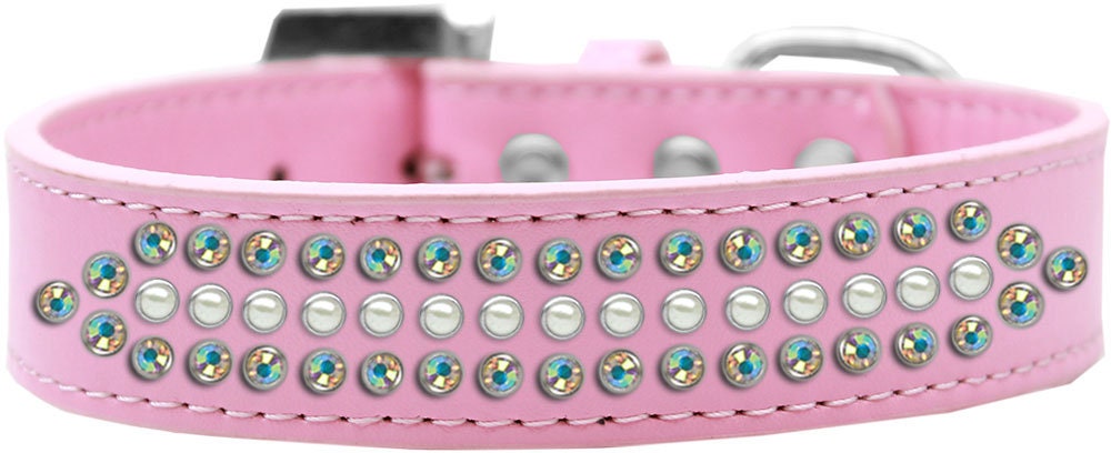 Ritz Pearl & Aurora Borealis dog collar featuring faux leather, pearls, and sparkling crystals, designed for stylish pets.