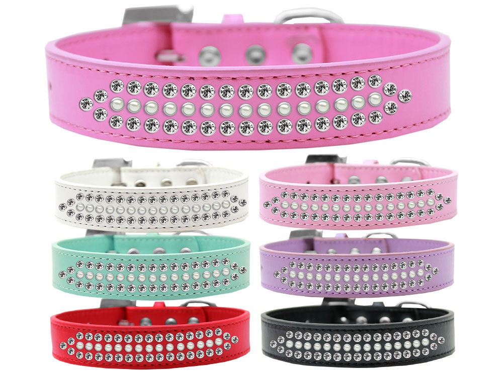 Ritz Pearl & Clear Crystal dog collar featuring faux leather, pearls, and clear crystals, designed for elegance and comfort.