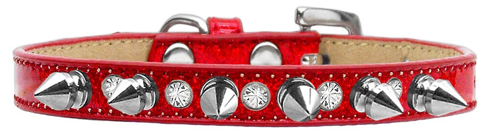 A stylish dog collar featuring glitter, clear crystals, and silver spikes, perfect for pets who love to stand out.