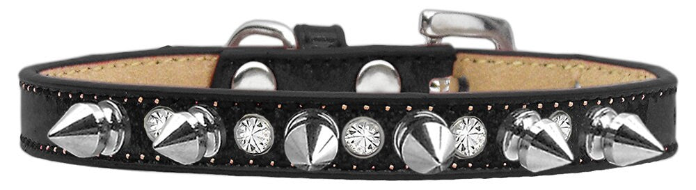 A stylish dog collar featuring glitter, clear crystals, and silver spikes, perfect for pets who love to stand out.