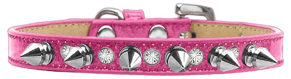 A stylish dog collar featuring glitter, clear crystals, and silver spikes, perfect for pets who love to stand out.