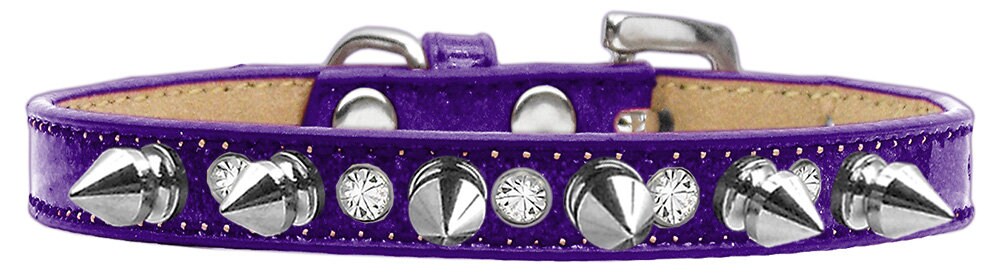 A stylish dog collar featuring glitter, clear crystals, and silver spikes, perfect for pets who love to stand out.