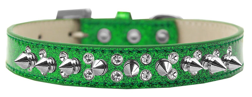 Elegant dog collar featuring double rows of clear crystals and silver spikes, designed for dogs and puppies.