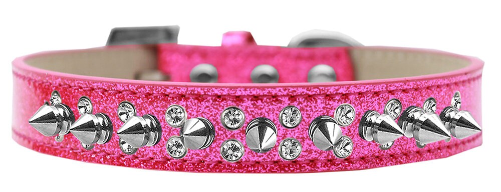 Elegant dog collar featuring double rows of clear crystals and silver spikes, designed for dogs and puppies.