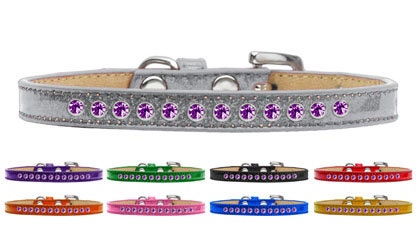 Purple Crystal Rimsets Dog Collar featuring sparkling amethyst crystals on a soft glittery fabric.