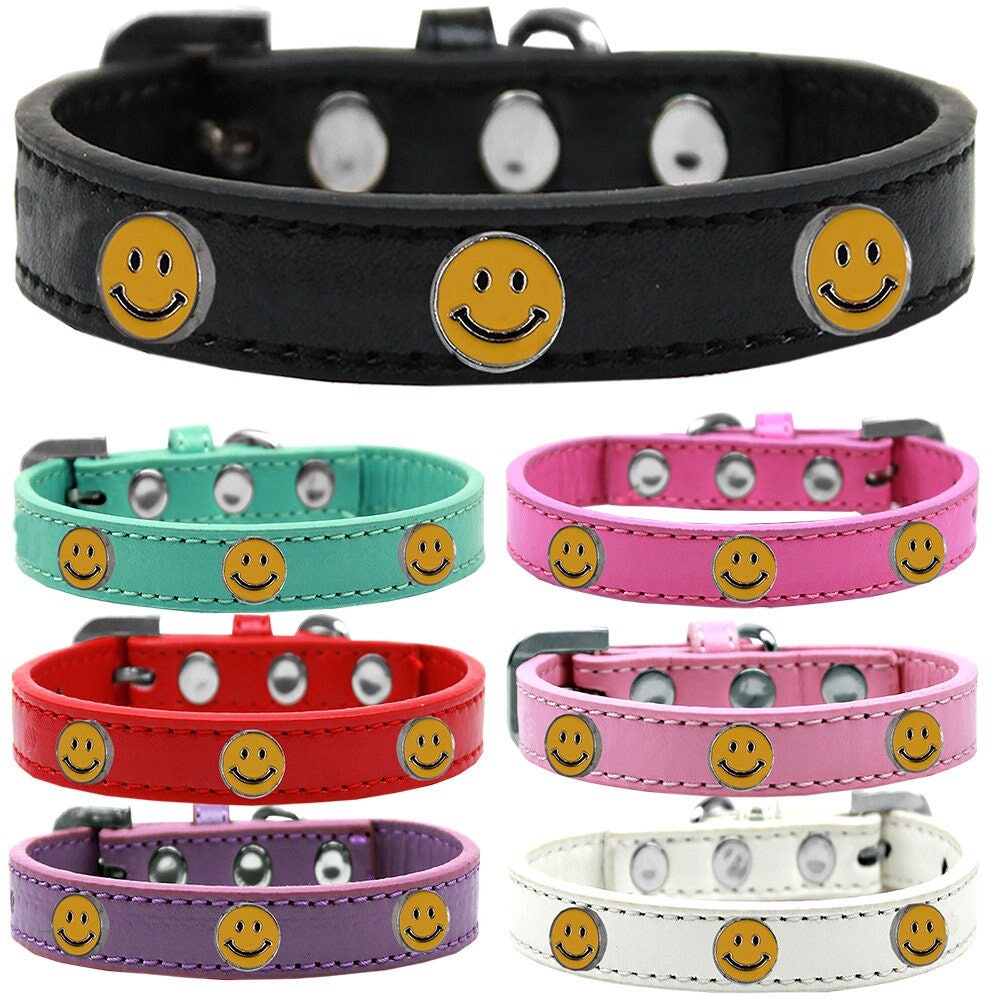 A colorful 'Happy Face' fashion collar for dogs, featuring metal widgets and a durable design, perfect for pets of all sizes.