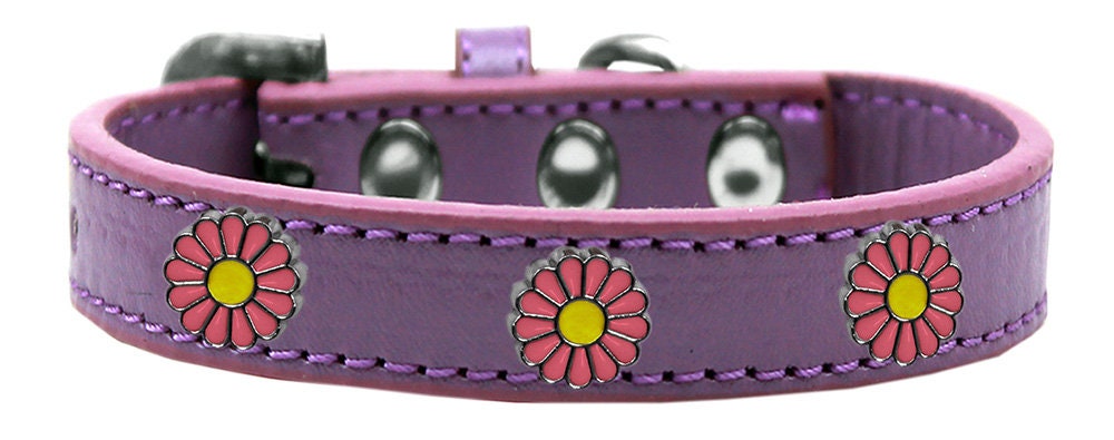 A stylish pink collar for dogs featuring daisies and metal widgets, showcasing a fashionable design.