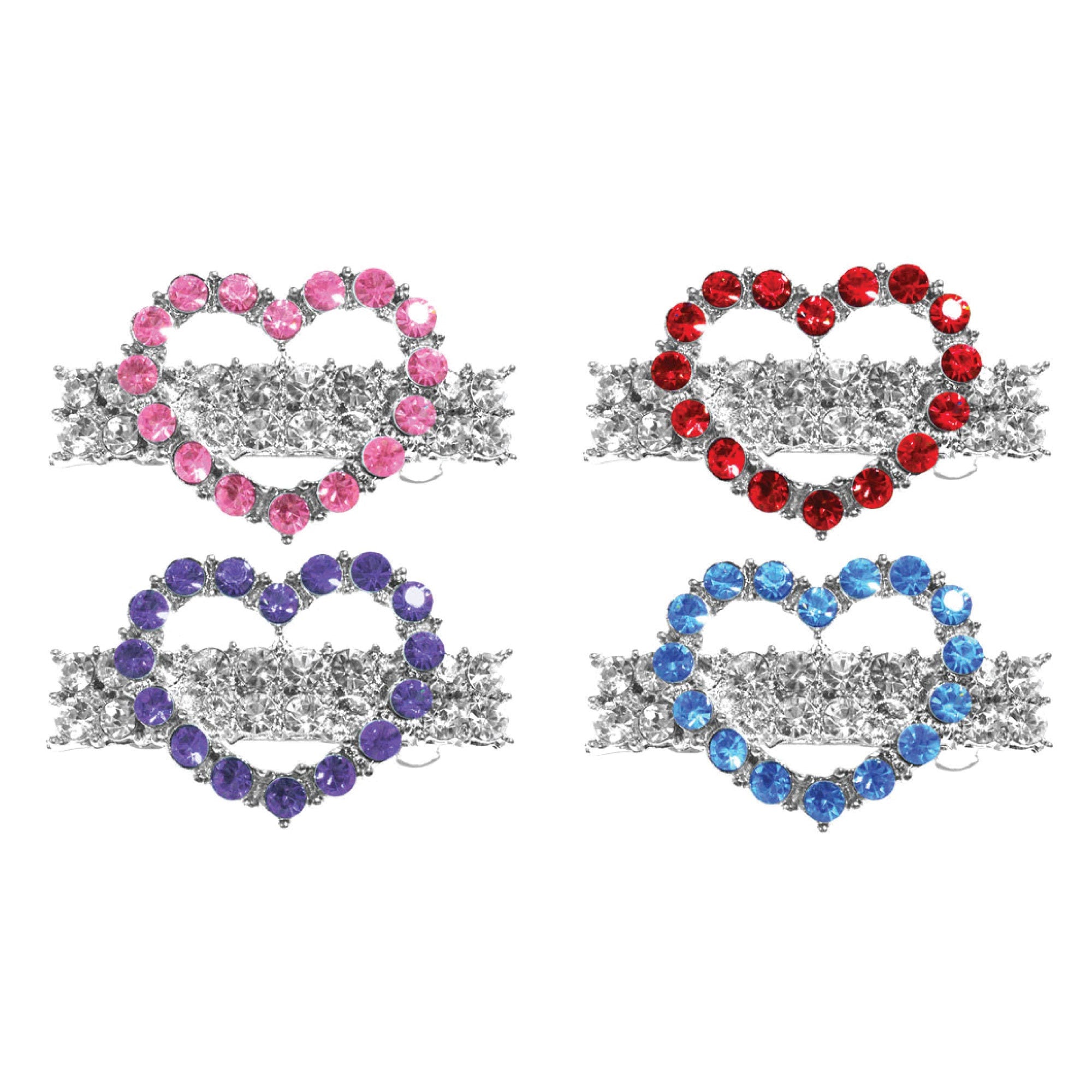 A stylish heart-shaped clip-on grooming accessory for pets, adorned with sparkling rhinestones and attached to a secure French barrette.