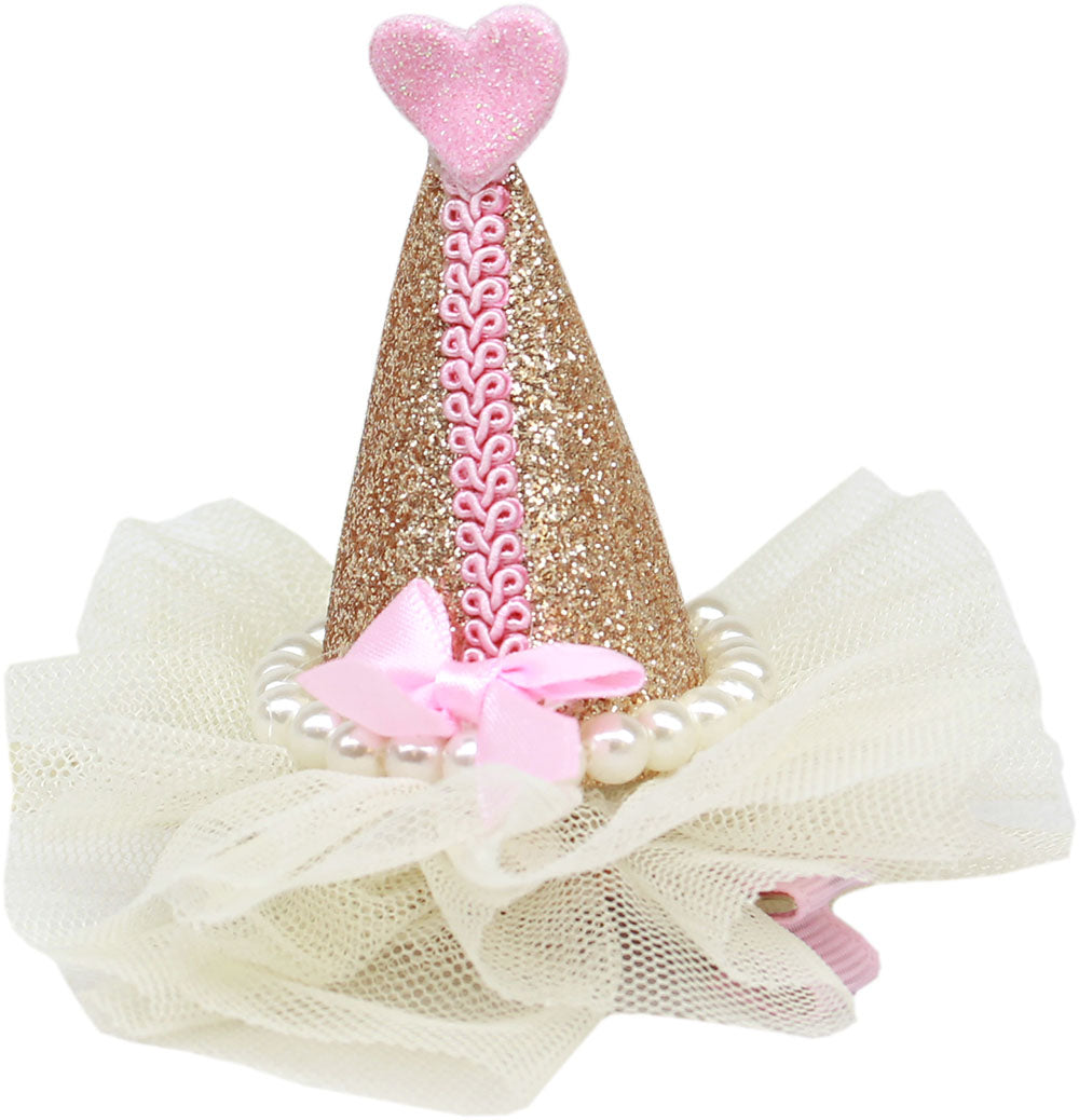 A cute pearl-wrapped clip-on party hat for dogs and puppies, perfect for celebrations.