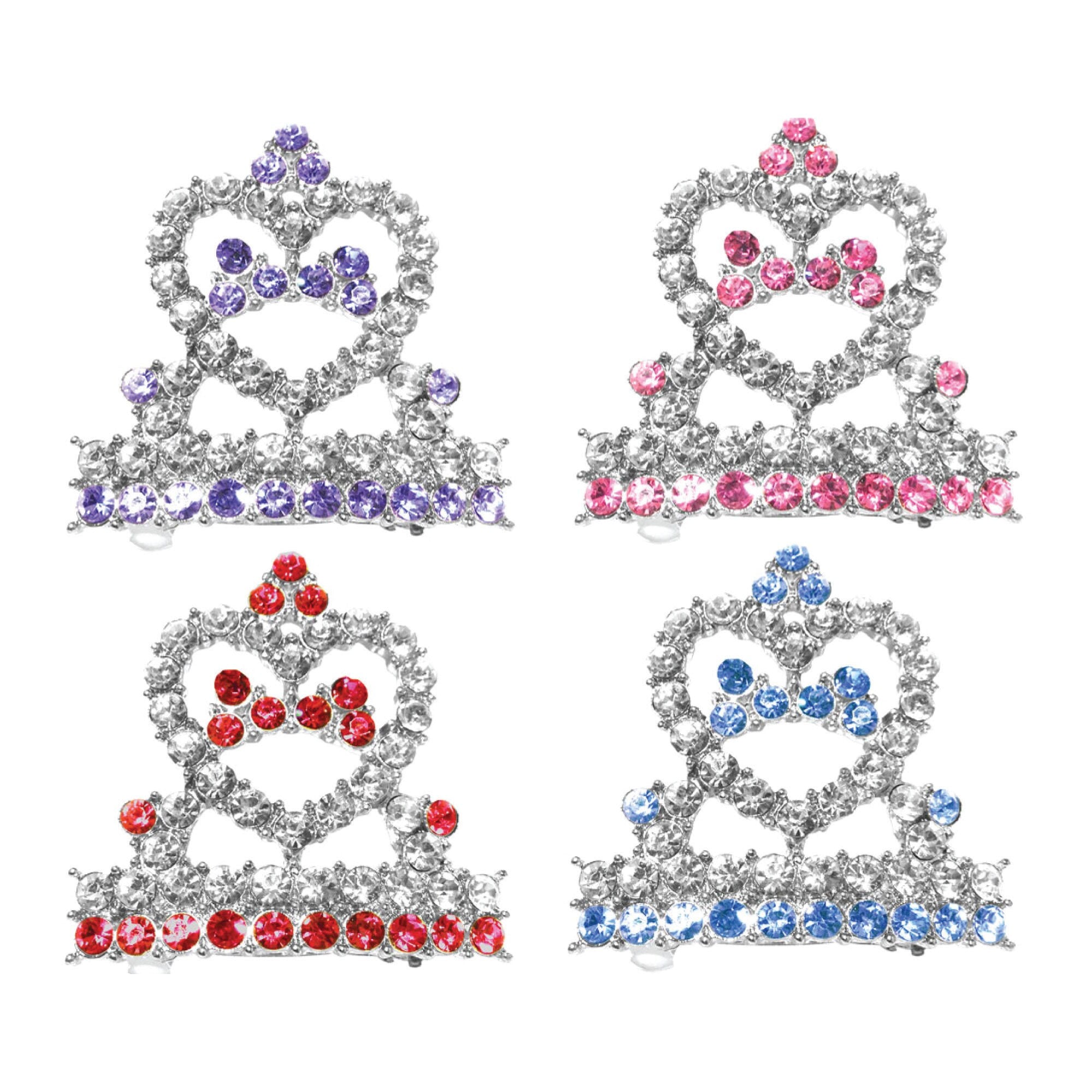A stylish Tiara Barrette for dogs, featuring heart-shaped rhinestones on a French barrette, available in four colors.