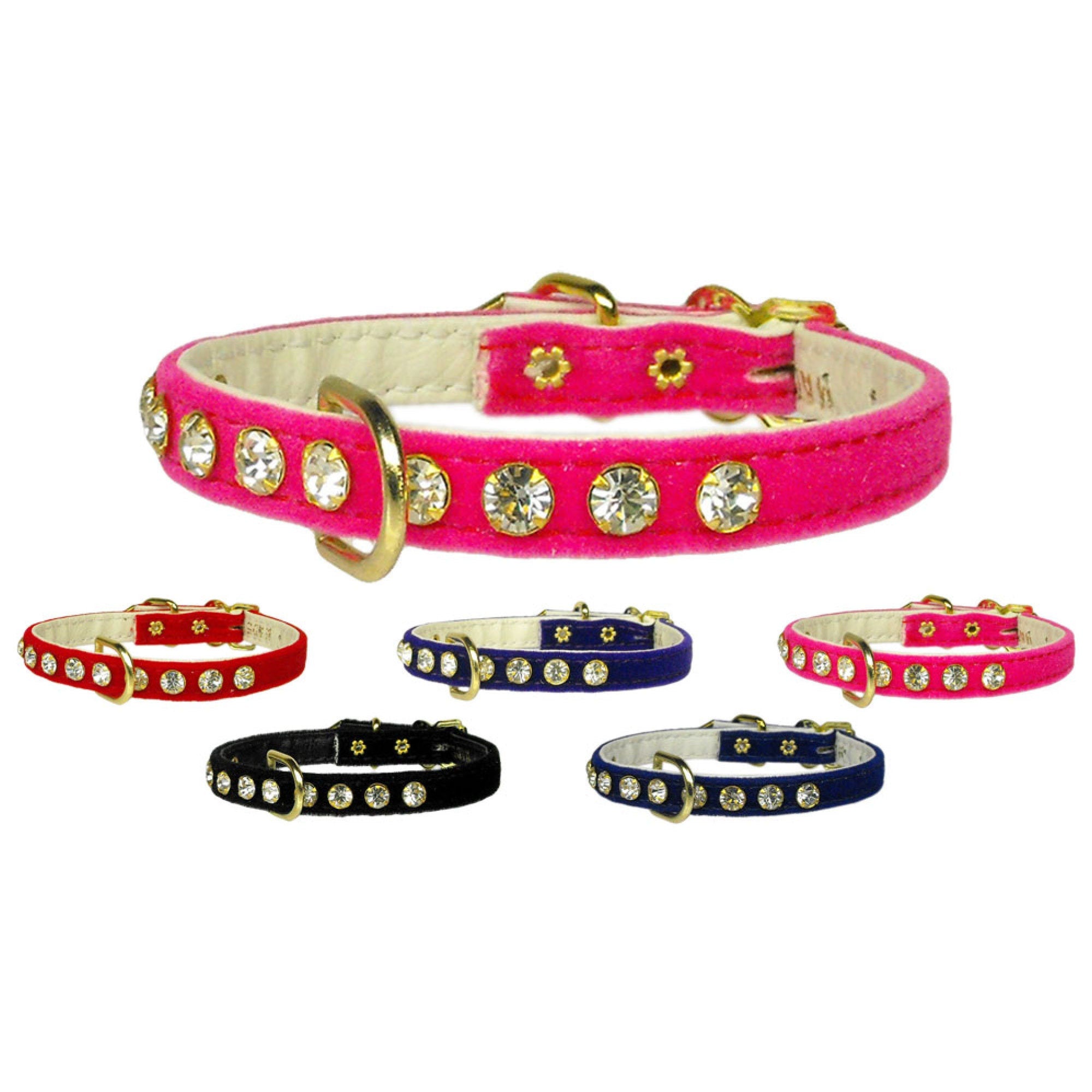 A stylish #16 Crystal Velvet Dog Collar featuring clear rhinestones and a D-ring for leash attachment, available in various colors.