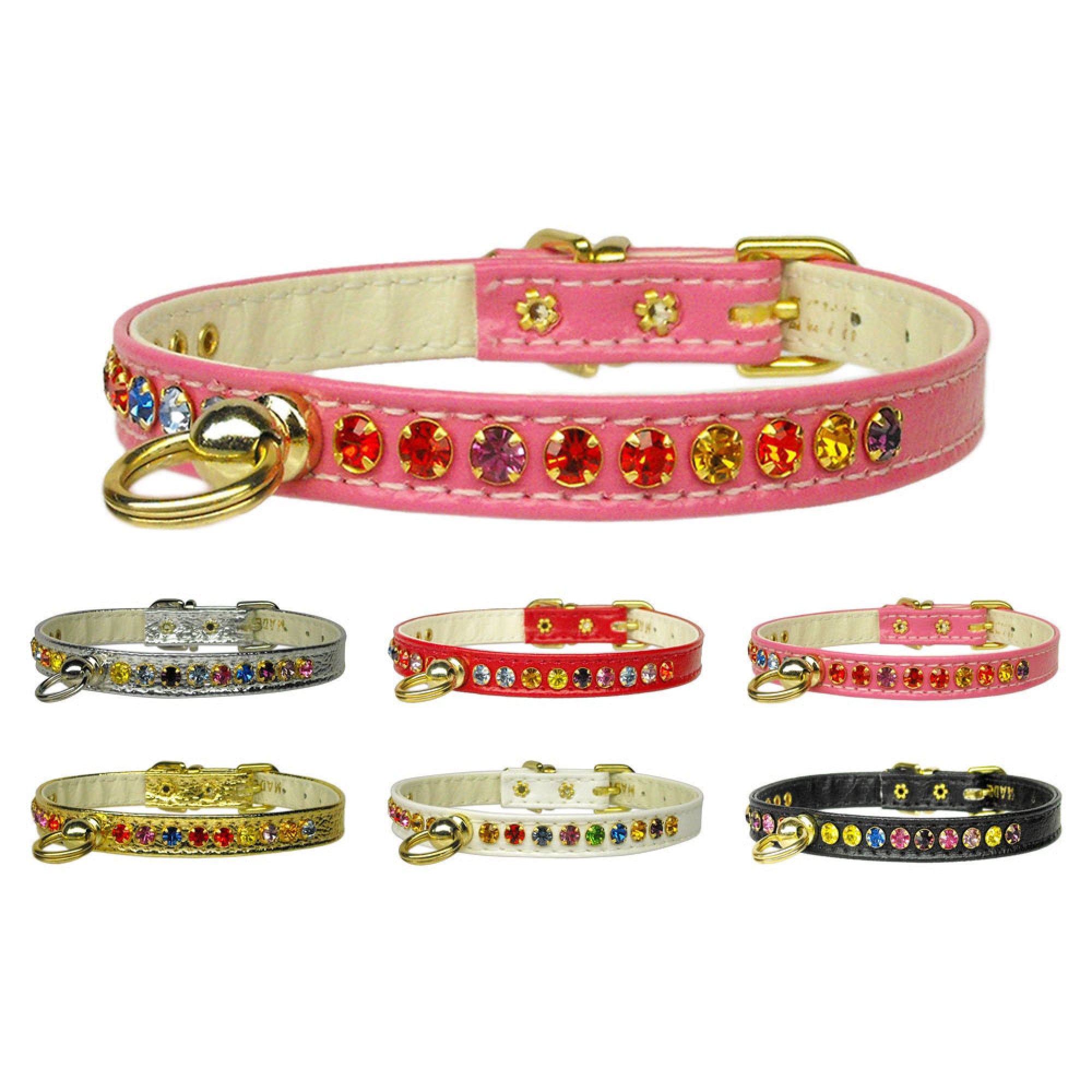 A stylish dog collar adorned with one row of sparkling confetti colored crystals, perfect for pets.