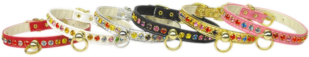 A stylish dog collar adorned with one row of sparkling confetti colored crystals, perfect for pets.
