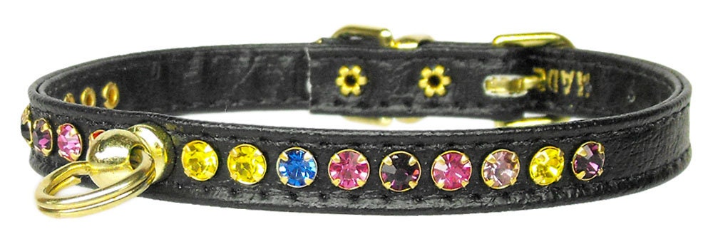 A stylish dog collar adorned with one row of sparkling confetti colored crystals, perfect for pets.