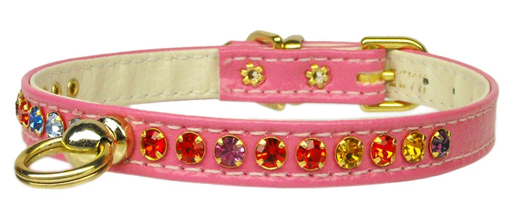 A stylish dog collar adorned with one row of sparkling confetti colored crystals, perfect for pets.