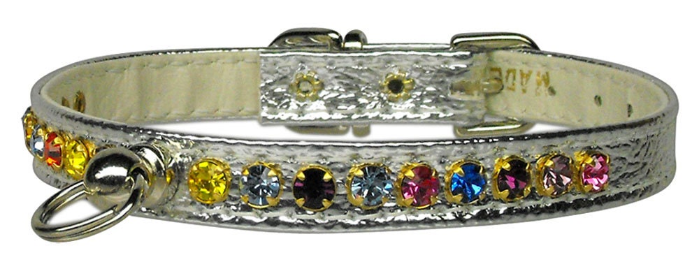 A stylish dog collar adorned with one row of sparkling confetti colored crystals, perfect for pets.
