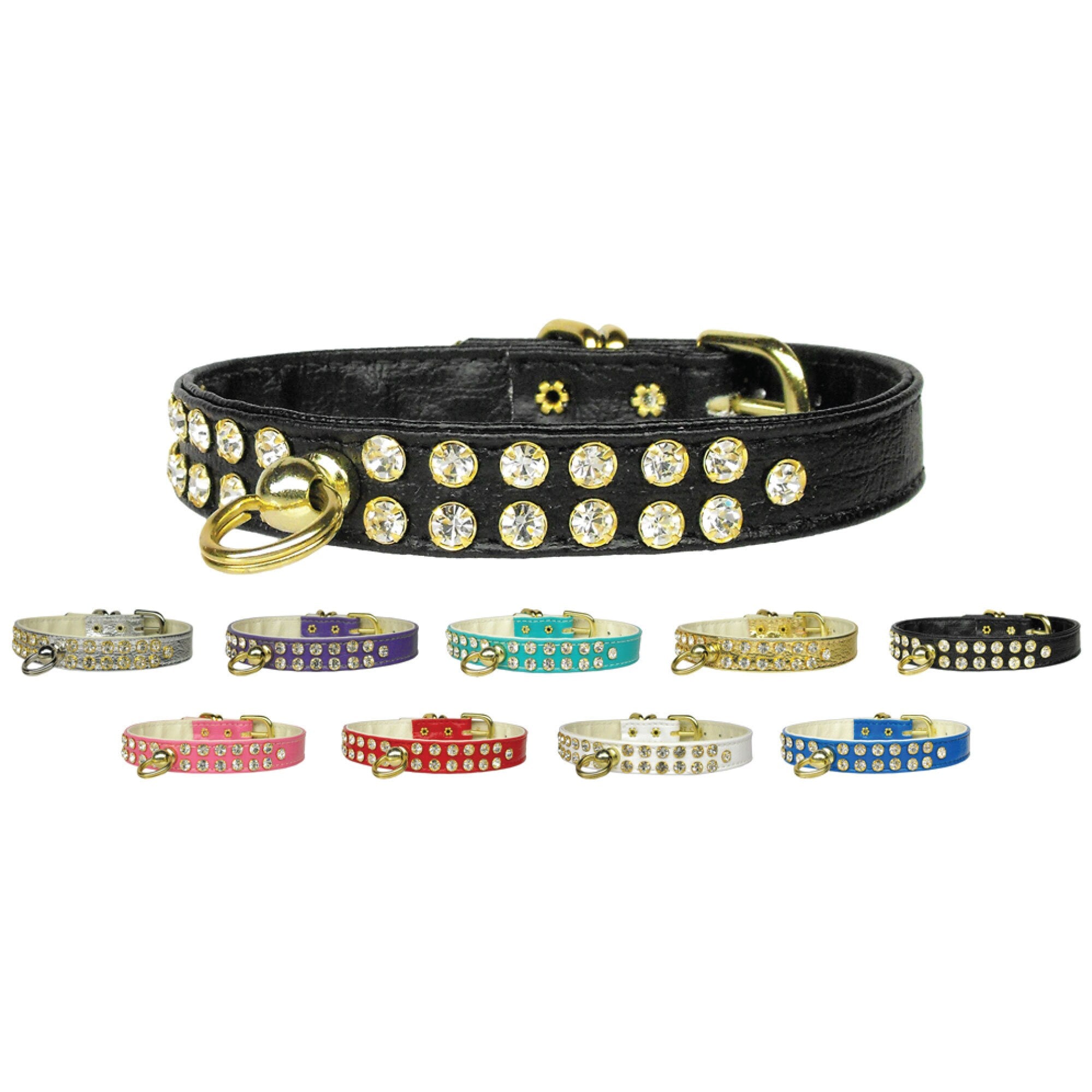 A stylish dog collar adorned with two rows of clear crystals, featuring a center post for an ID tag, perfect for pets.