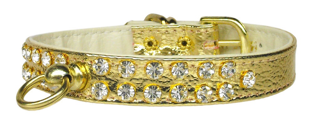 A stylish dog collar adorned with two rows of clear crystals, featuring a center post for an ID tag, perfect for pets.