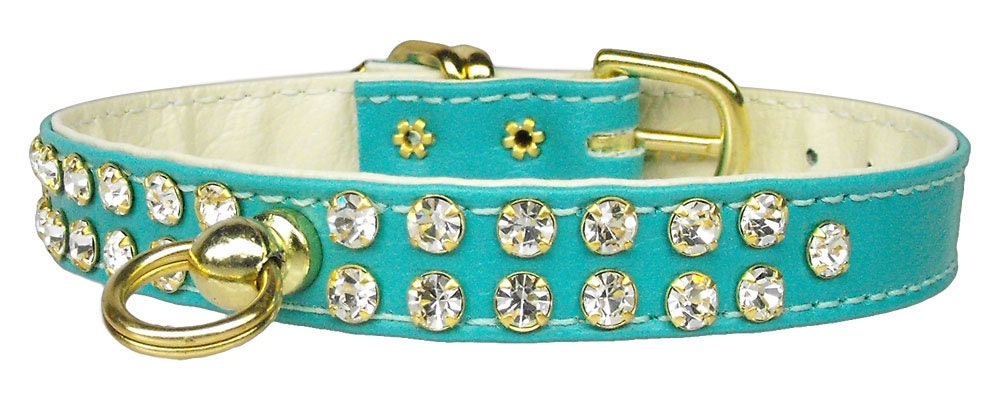 A stylish dog collar adorned with two rows of clear crystals, featuring a center post for an ID tag, perfect for pets.