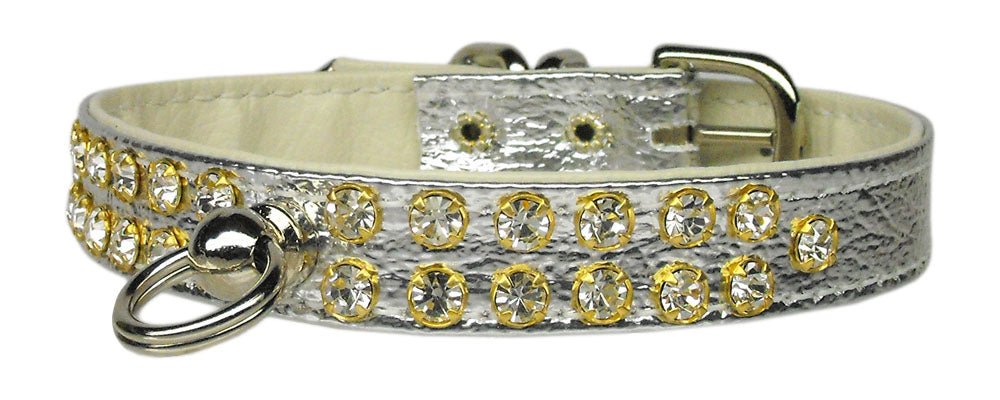 A stylish dog collar adorned with two rows of clear crystals, featuring a center post for an ID tag, perfect for pets.