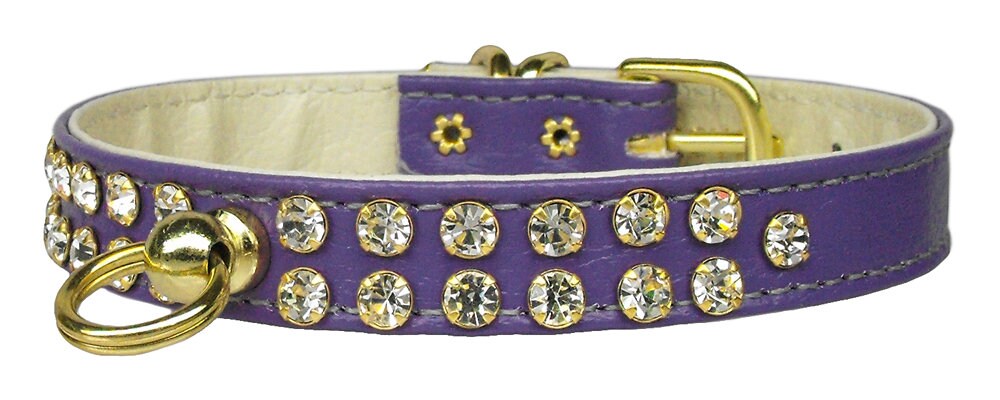 A stylish dog collar adorned with two rows of clear crystals, featuring a center post for an ID tag, perfect for pets.