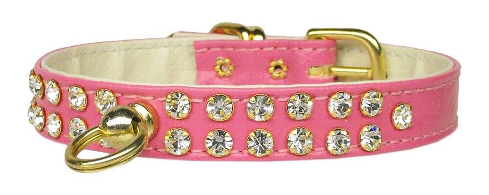 A stylish dog collar adorned with two rows of clear crystals, featuring a center post for an ID tag, perfect for pets.