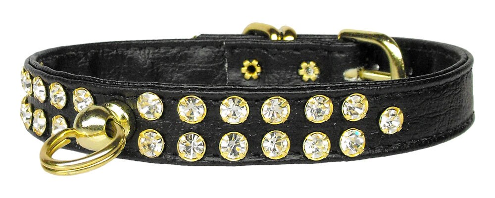 A stylish dog collar adorned with two rows of clear crystals, featuring a center post for an ID tag, perfect for pets.