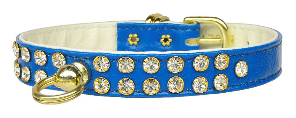 A stylish dog collar adorned with two rows of clear crystals, featuring a center post for an ID tag, perfect for pets.