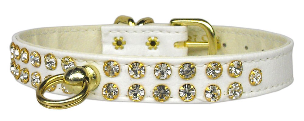 A stylish dog collar adorned with two rows of clear crystals, featuring a center post for an ID tag, perfect for pets.