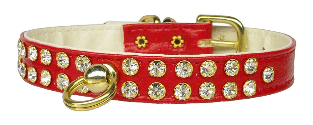 A stylish dog collar adorned with two rows of clear crystals, featuring a center post for an ID tag, perfect for pets.