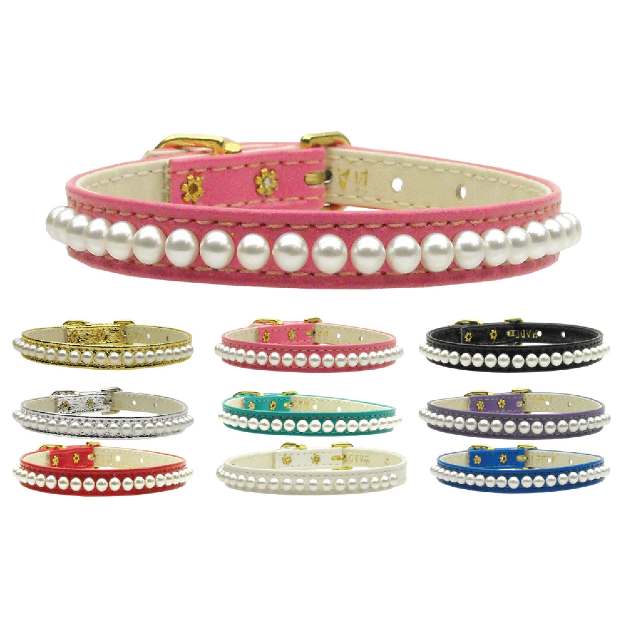 A stylish 3/8" wide dog collar adorned with a row of pearls, perfect for pets.