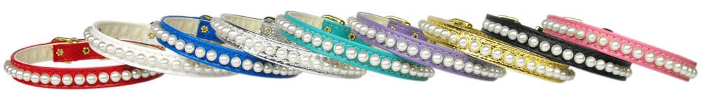 A stylish 3/8" wide dog collar adorned with a row of pearls, perfect for pets.