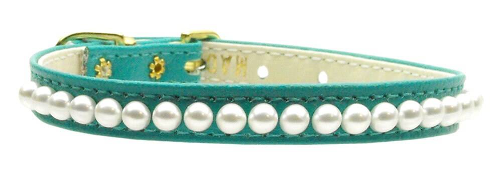 A stylish 3/8" wide dog collar adorned with a row of pearls, perfect for pets.