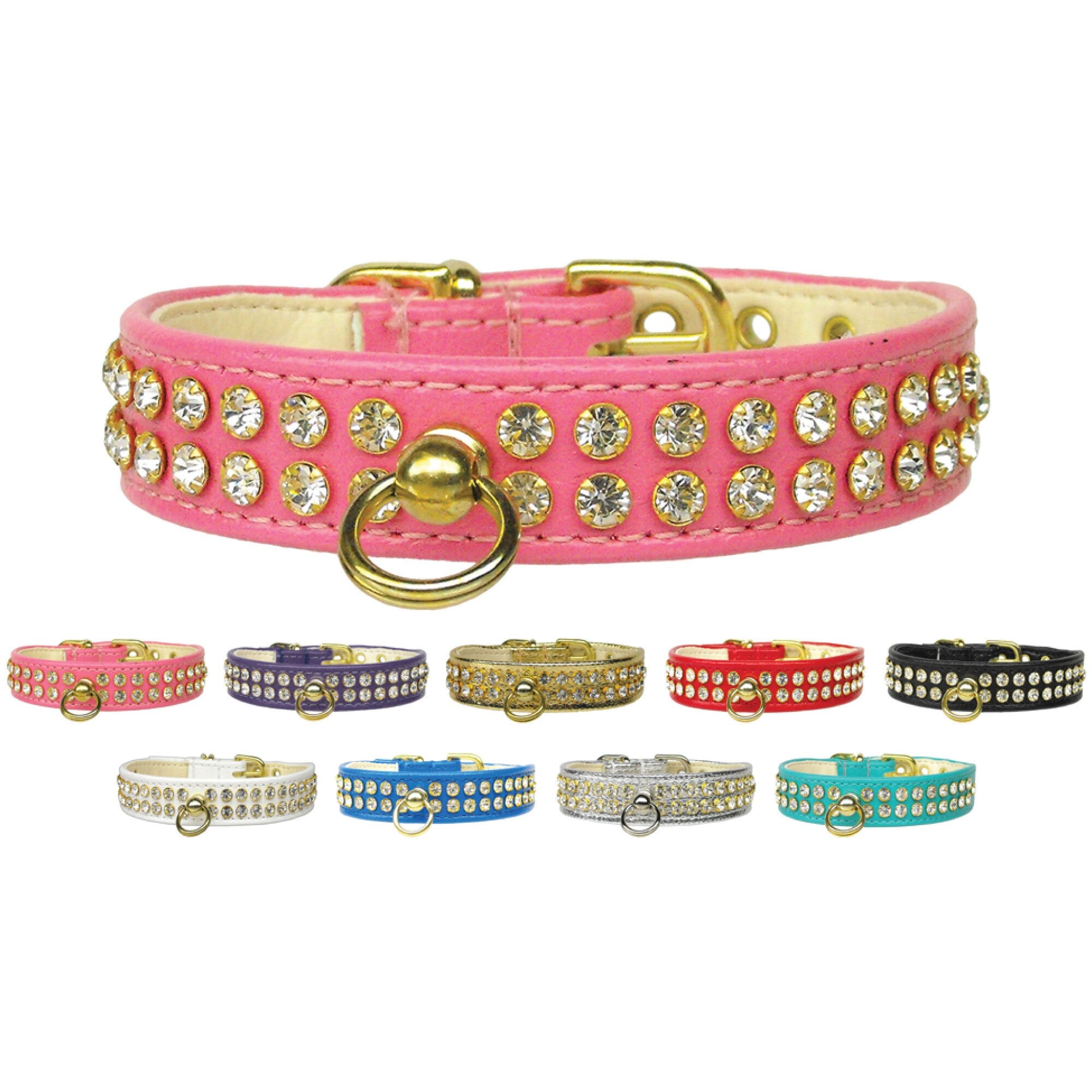 A stylish dog collar adorned with clear crystals, featuring a tapering design for comfort and a center post for ID tags.