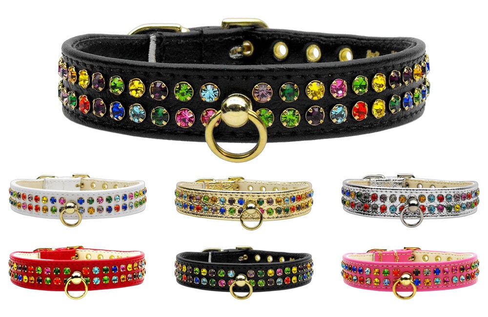 A beautiful dog collar adorned with two rows of colorful confetti crystals, tapering from ¾" to ½" near the buckle for comfort.