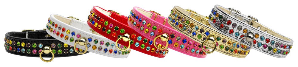 A beautiful dog collar adorned with two rows of colorful confetti crystals, tapering from ¾" to ½" near the buckle for comfort.