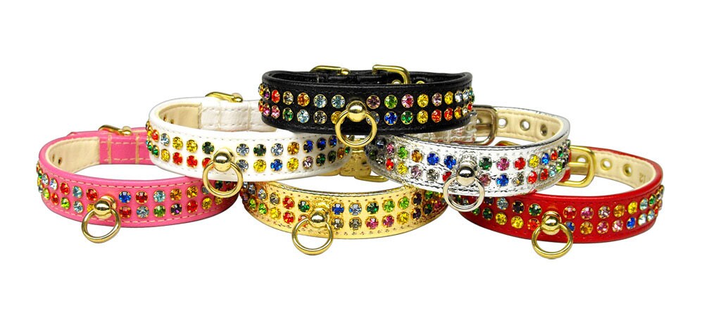 A beautiful dog collar adorned with two rows of colorful confetti crystals, tapering from ¾" to ½" near the buckle for comfort.