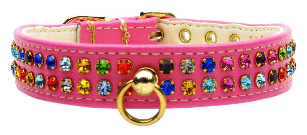 A beautiful dog collar adorned with two rows of colorful confetti crystals, tapering from ¾" to ½" near the buckle for comfort.