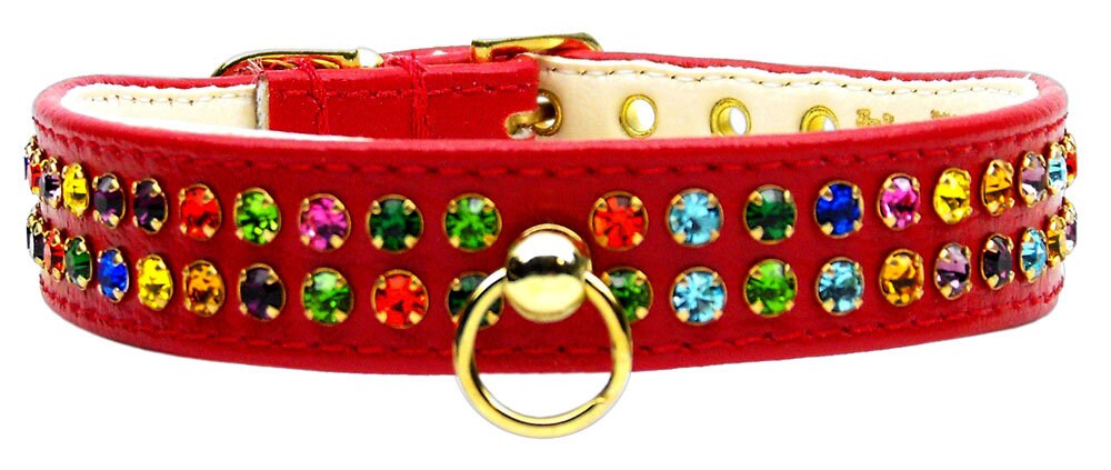 A beautiful dog collar adorned with two rows of colorful confetti crystals, tapering from ¾" to ½" near the buckle for comfort.