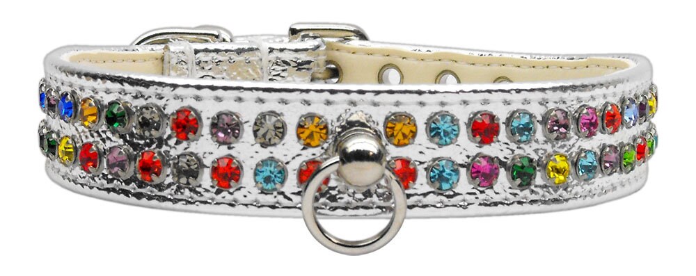 A beautiful dog collar adorned with two rows of colorful confetti crystals, tapering from ¾" to ½" near the buckle for comfort.