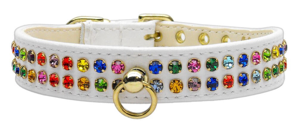 A beautiful dog collar adorned with two rows of colorful confetti crystals, tapering from ¾" to ½" near the buckle for comfort.