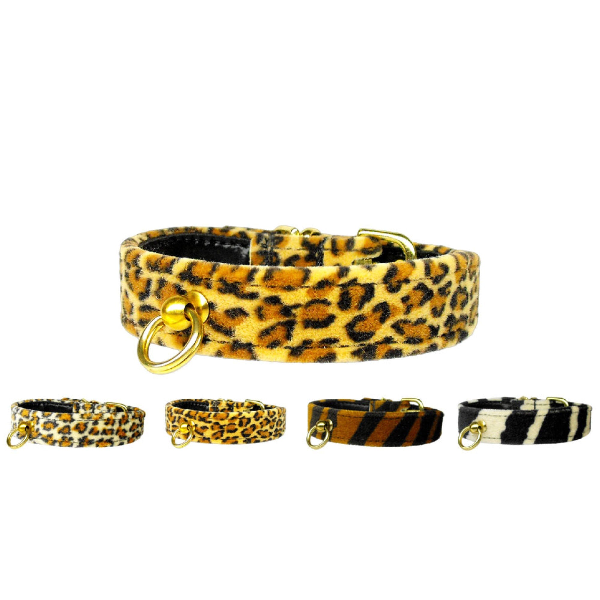 Stylish animal print dog collar featuring a tapered design for comfort, with a post for ID tag attachment.