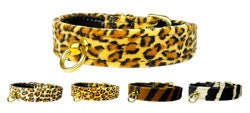 Stylish animal print dog collar featuring a tapered design for comfort, with a post for ID tag attachment.