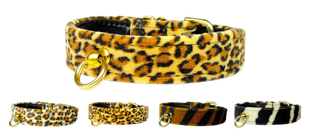 Stylish animal print dog collar featuring a tapered design for comfort, with a post for ID tag attachment.