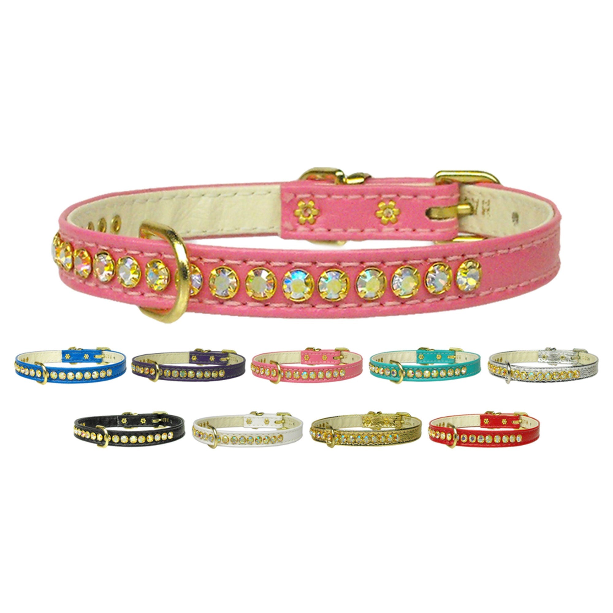 Elegant dog collar adorned with shimmering Aurora Borealis crystals, featuring a center D-Ring for leash attachment.